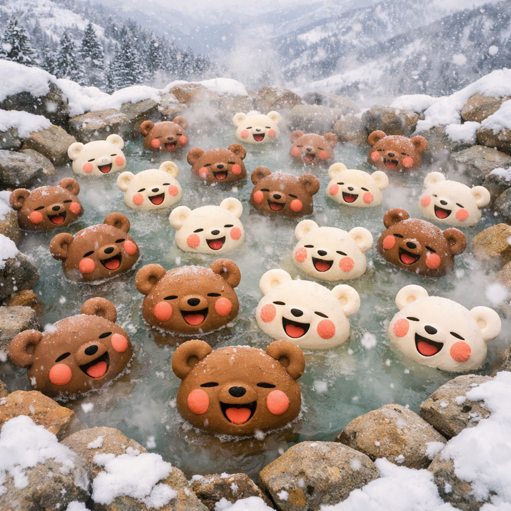 雪山溫泉中的可愛熊公仔